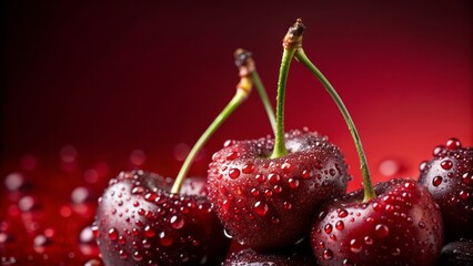 Juicy red cherries glisten with dew on a rich red background, providing ample space for text or design elements.