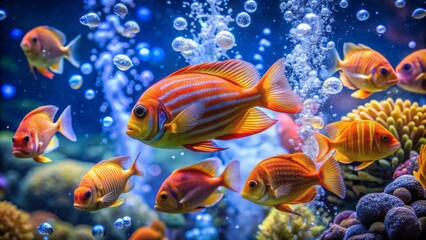 Fototapeta premium Vibrant orange fish with blue stripes swim alongside silver bubbles rising from the coral reef in a well-lit aquarium tank.