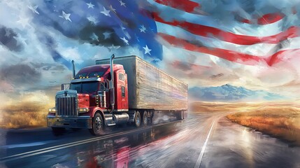 A vibrant illustration of a large red semi-truck driving down an open road. The background depicts vast fields under a dramatic sky, which is artistically blended with the American flag. The stars and