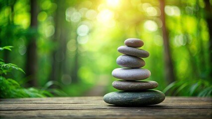 Serenely balanced vertical stack of smooth gray stones against a blurred green forest background with soft diffused natural light.