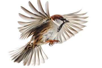 Naklejka premium Stunning House Sparrow Soaring, Avian Photography on White Background