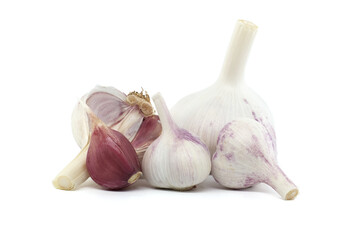 Garlic bulbs of varying sizes isolated on white background