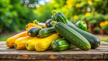 Vibrant green and yellow zucchinis scattered artfully on a rustic wooden table against a blurred natural outdoor background setting.