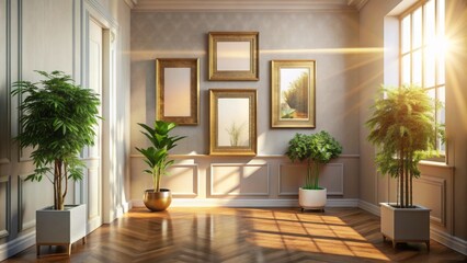 Elegant empty frames adorn the walls as sunbeams illuminate a potted plant surrounded by subtle shadows in a serene hallway atmosphere.