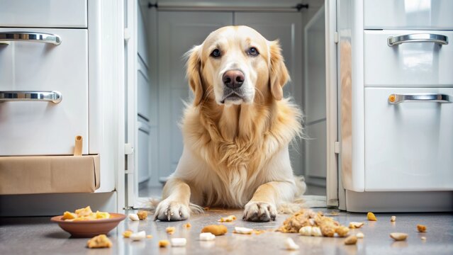 Mischievous golden retriever sniffing around open fridge, guilty gaze, paws grasping leftovers amidst scattered kitchen utensils and crumbs.