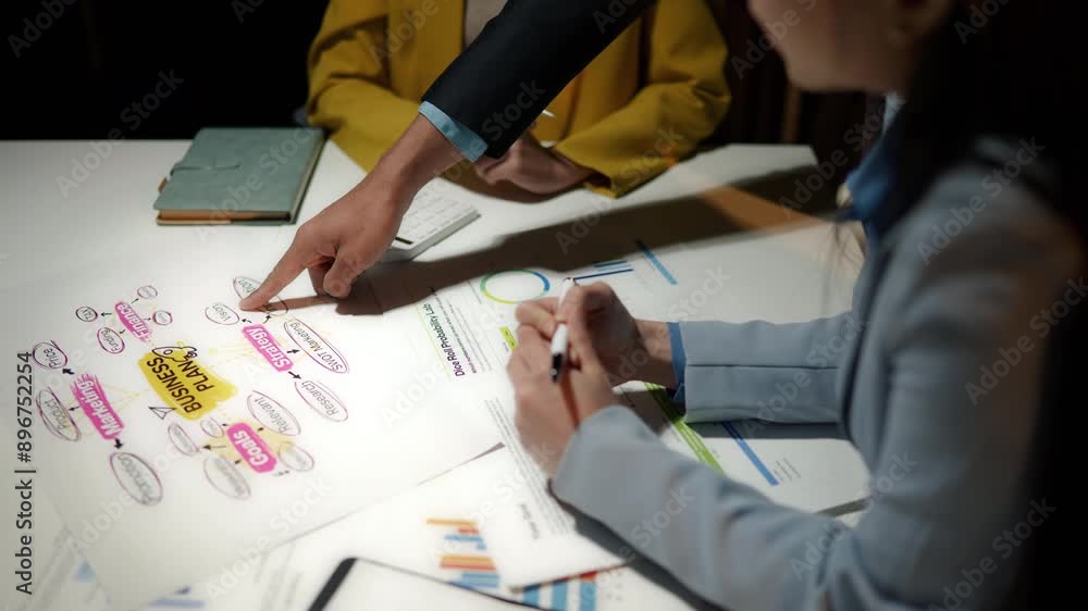 Poster close up of hands teamwork business group are overtime nightshift meeting working calculate and brai