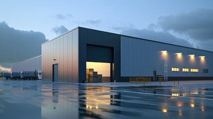 Obraz premium Modern Warehouse Exterior with Integrated Small Office Unit