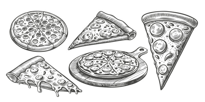 italian pizza set black and white hand drawn vector illustration