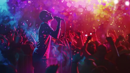 A musician on stage, holding a microphone, with colorful stage lights and a lively audience, creating an energetic concert atmosphere