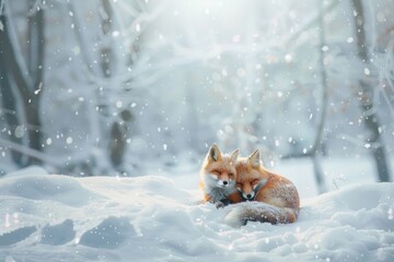 Obraz premium pair of foxes in snow