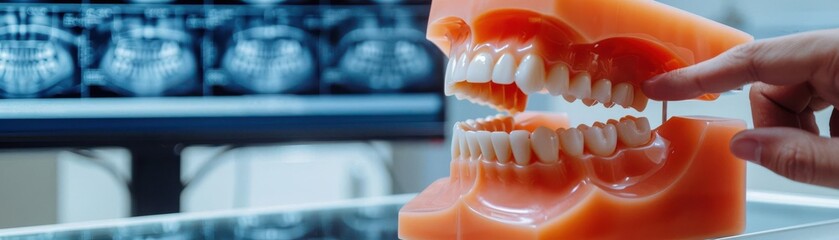 Detailed dental model with a hand pointing to it, Xray images of teeth on a computer screen in the background, clinical and precise, emphasizing dental care