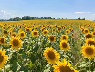 Expansive sunflower field under a clear blue sky, sunflowers in full bloom, vibrant and cheerful landscape