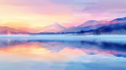 Fototapeta premium Serene sunrise over misty mountain lake with vibrant colors reflecting in the water. Perfect for nature lovers and tranquil environments.