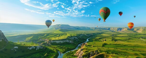 Fototapeta premium Lush green valley with a winding river, colorful hot air balloons floating above, clear blue sky, a sense of adventure and tranquility