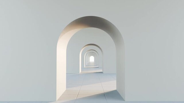 HALLWAY Loop Animation Sunlight streaming through the arched windows and doors of an ancient stone cathedral corridor