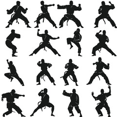 Silhouettes of karate martial arts fighters in various poses.