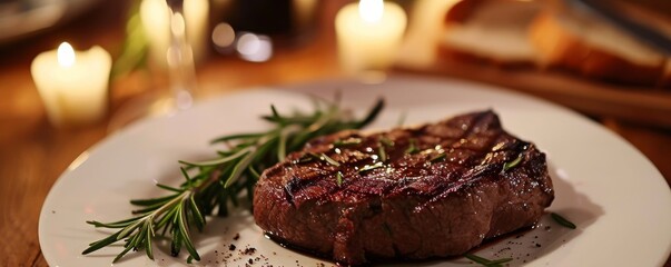 Grilled steak on white plate with rosemary, close-up. Fine dining cuisine concept