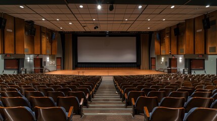 Naklejka premium An empty auditorium with a large screen and rows of seats