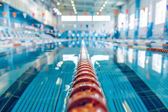 A red lane line in an indoor swimming pool, the water is clear and blue - Powered by Adobe
