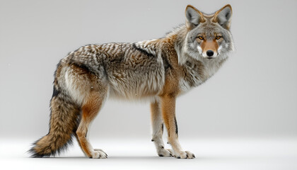 Obraz premium A 3D model of a coyote standing on a rocky terrain.