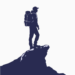 Silhouette of a hiker on a mountain peak.