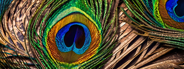 Fototapeta premium A vibrant illustration of peacock feathers in an extreme close-up, highlighting the vivid colors and intricate patterns, with space for text.