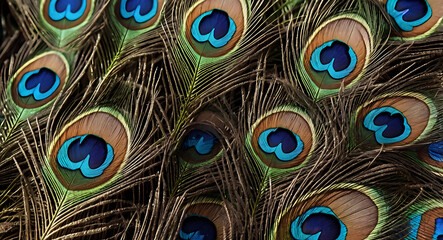 Obraz premium A vibrant illustration of peacock feathers in an extreme close-up, highlighting the vivid colors and intricate patterns, with space for text.