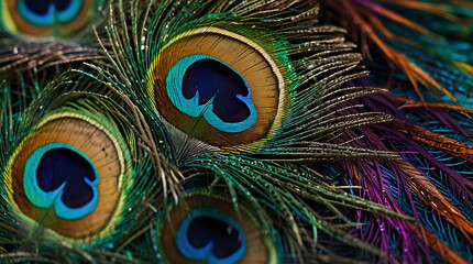 Fototapeta premium A vibrant illustration of peacock feathers in an extreme close-up, highlighting the vivid colors and intricate patterns, with space for text.