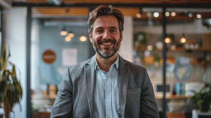 Obraz premium Smiling Man in a Grey Suit and Blue Shirt in an Office