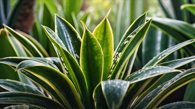 The plant has green leaves with a shiny look in the light. This plant is photographed in a calm, elegant way. The leaf patterns and green shades show the artist's skill and attention to detail.