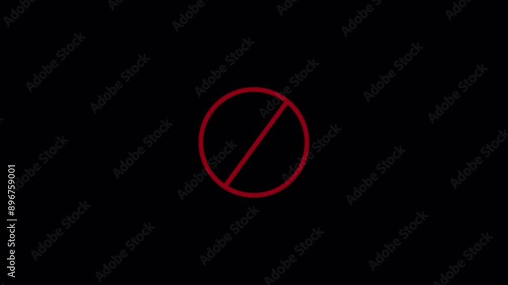 Poster warning icon animation, stop or no entry red circle and line symbol animation on black background, n