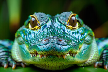 Obraz premium Detailed view of a green alligator featuring yellow eyes.