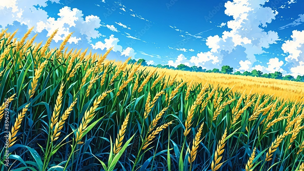 Poster cornfield under the blue sky background design cartoon anime illustration