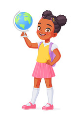 Smiling African American school girl holding a globe. Cartoon vector isolated illustration.