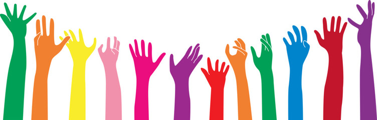 Raised up icon for Multiethnic Diverse Hands , colorful..