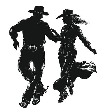 Silhouette of a cowboy and cowgirl square dancing.