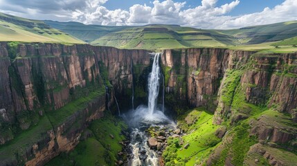Majestic Waterfall in a Lush Green Valley