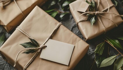 Rustic wrapped gifts with leafy decorations and twine on a dark background, perfect for eco-friendly celebrations and holidays.