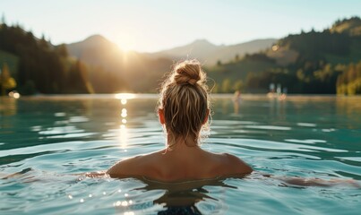 Fototapeta premium Woman Enjoying a Refreshing Dip in a Lake on a Hot Summer Day