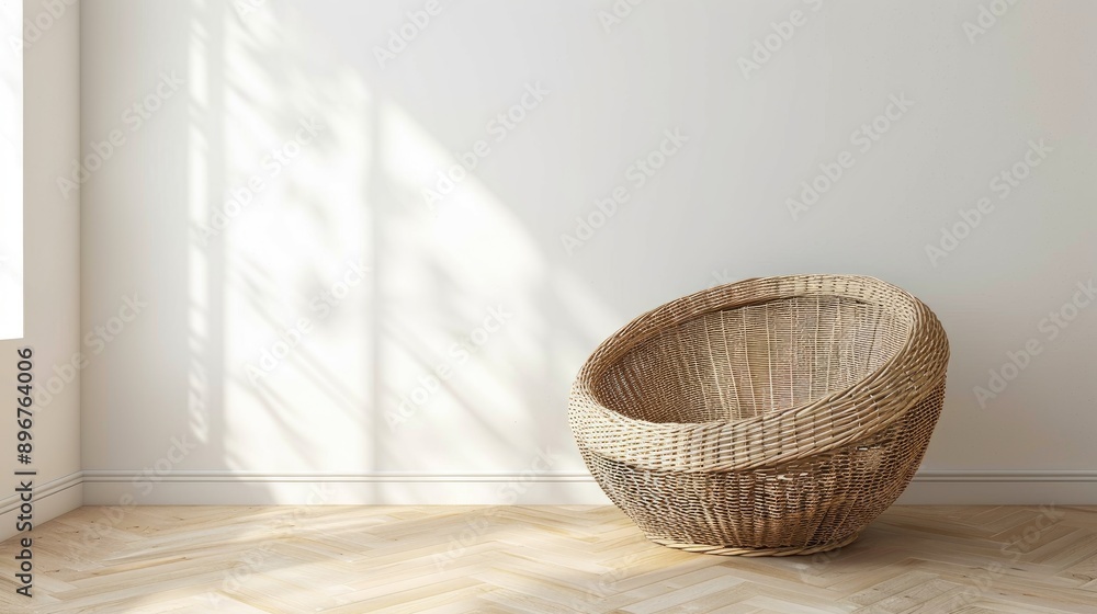 Wall mural wicker seat on pale wood flooring