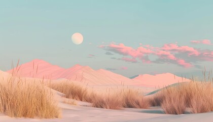 Serene desert landscape with rolling sand dunes, pink clouds at sunrise, and full moon in a pastel sky, featuring tall grasses.