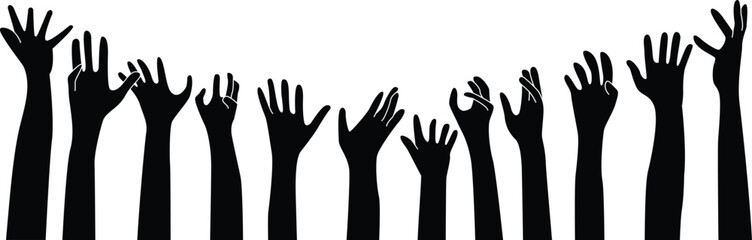 Raised up icon for Multiethnic Diverse Hands  , Black and white..