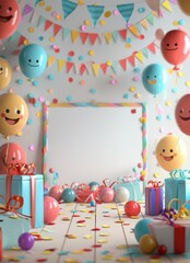Fototapeta premium A whimsical 3D blender minimalist render of a kid's birthday party, featuring a blank backdrop with a cute border. The decorations include colorful banners, smiling balloons, and wrapped gifts,