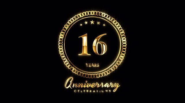 16th Anniversary Celebration. Happy 16 Years Anniversary Animation in Gold Color on the Transparent Background, Alpha Channel. Great for greetings, celebrations, events, and gifts.