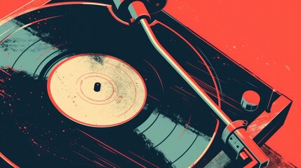 Vintage turntable with vinyl record on red background for retro music lovers and vinyl enthusiasts