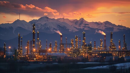 Fototapeta premium Industrial Refinery at Sunset with Smoky Chimneys