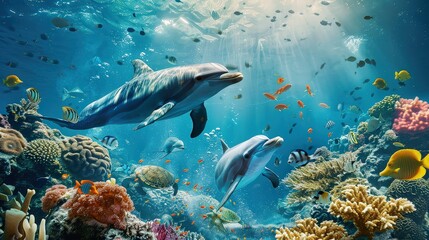 Dolphins Exploring Colorful Coral Reef