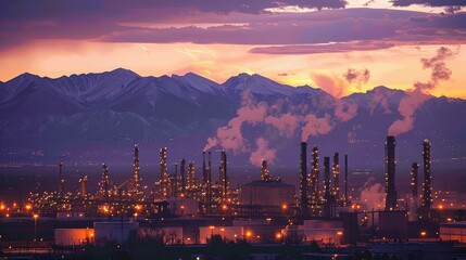 Naklejka premium Industrial Refinery at Sunrise with Smoky Towers
