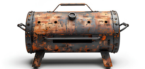 Weathered barbecue grill on plain white surface.