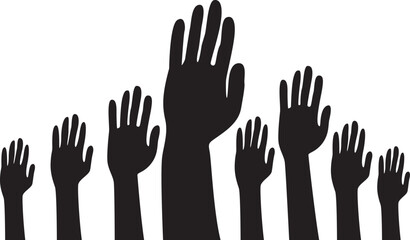 Hands of diverse group of people together raised up, vector vector icon.